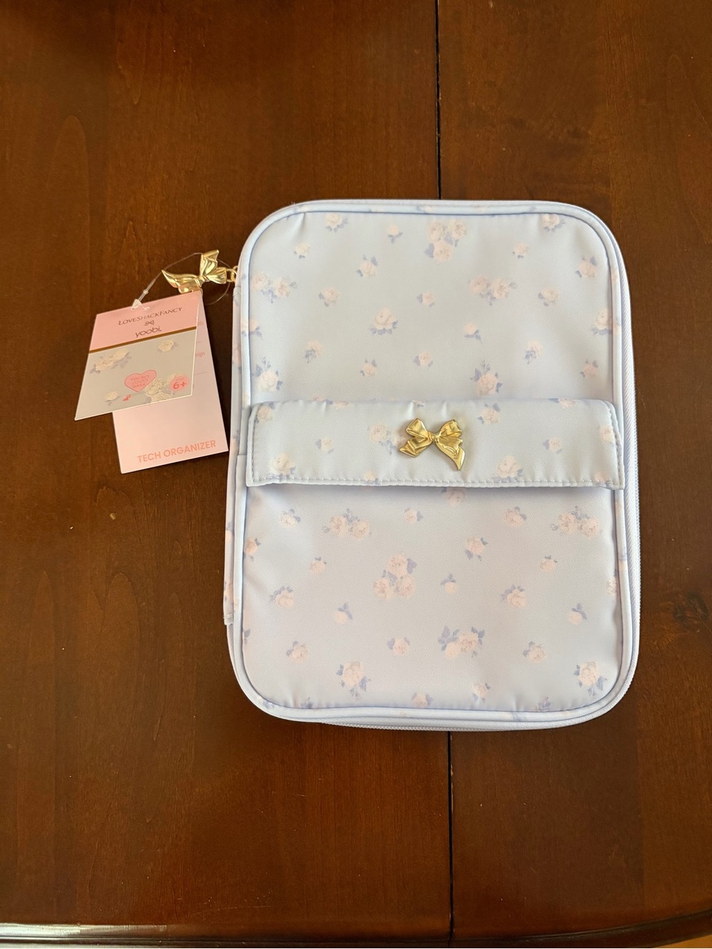 Love Shack Fancy Pastel Blue Floral Tech Organizer Pouch with Gold Bow